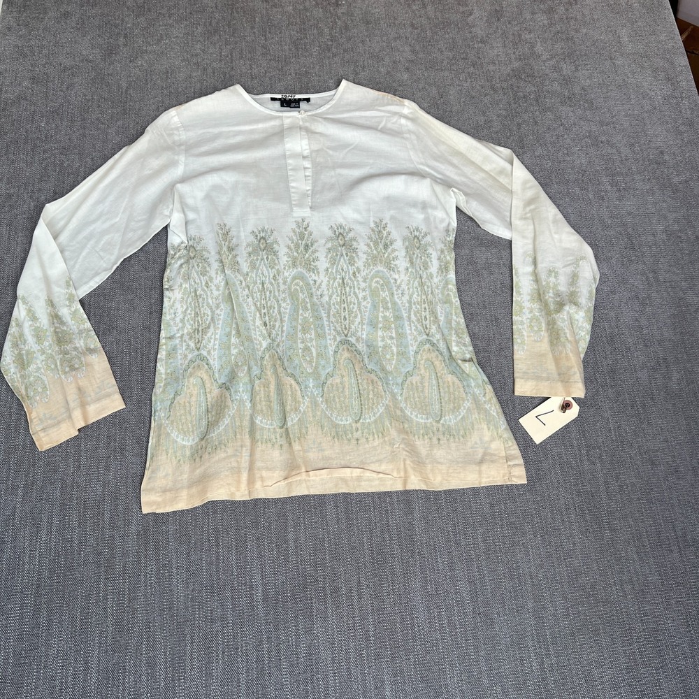 Theory Blouse Top Womens Large White Paisley Long Sleeve Lightweight Bohemian